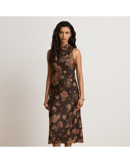 Ralph Lauren Brown Mockneck Floral Georgette Cocktail Dress
