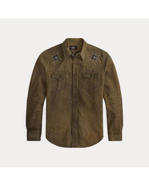 RRL Gray Slim Fit Studded Denim Western Shirt for men