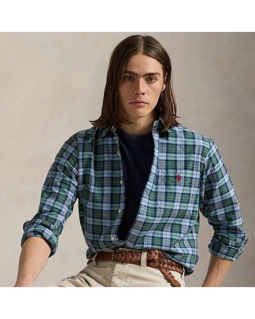 Ralph Lauren Blue Classic Fit Plaid Oxford Shirt for men