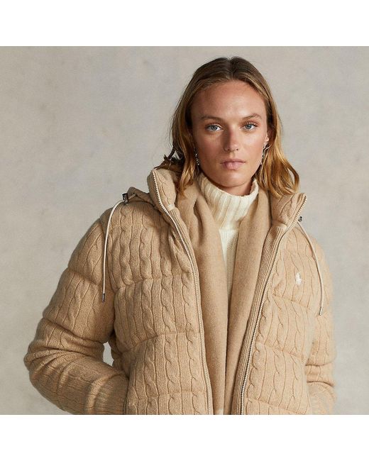 Ralph Lauren Cableknit Down Hooded Coat in Light Camel Melange