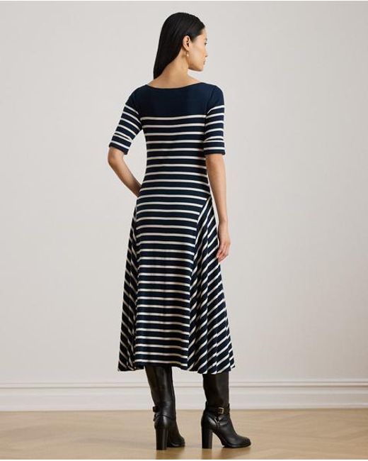 Ralph Lauren Blue Striped Cotton Rib-Knit Midi Dress