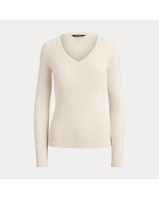 Ralph Lauren White Rib-Knit Long-Sleeve V-Neck Top