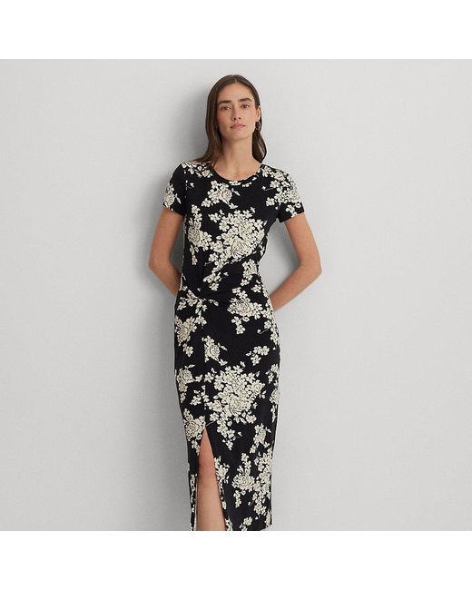 Lauren by Ralph Lauren Black Floral Jersey Twist-front Midi Dress