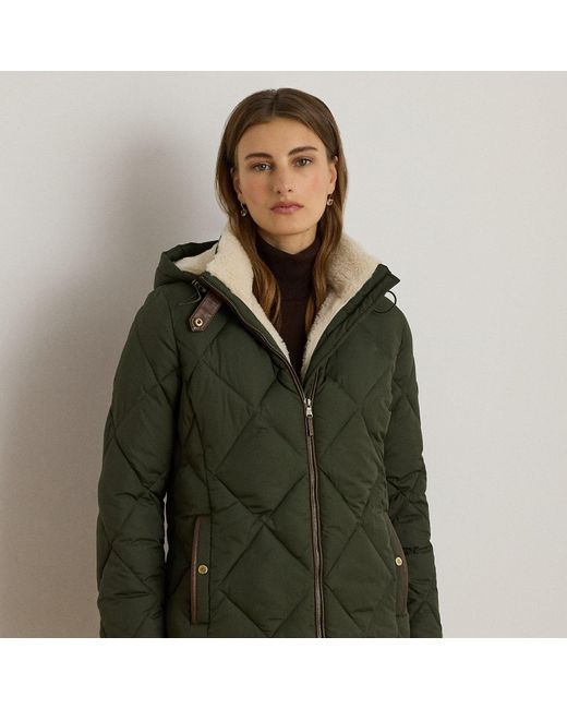 Ralph Lauren Green Faux Leather-Trim Diamond-Quilted Jacket