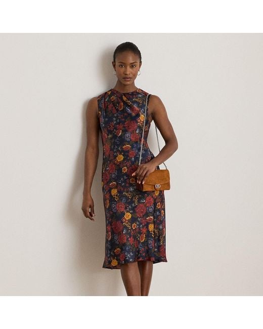 Ralph Lauren Brown Floral Pleated Charmeuse Cocktail Dress