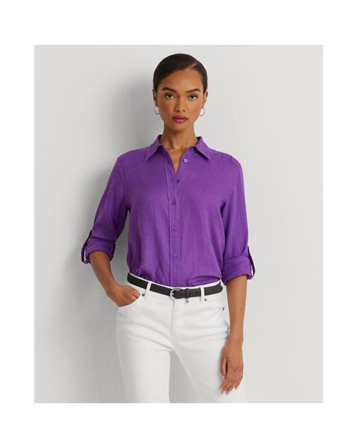 Lauren by Ralph Lauren Purple Relaxed Fit Linen Roll Tab-sleeve Shirt