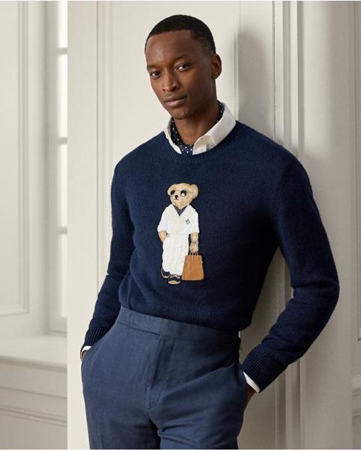 Ralph Lauren Zijde-Linnen Trui Met Polo Bear in het Blue voor heren