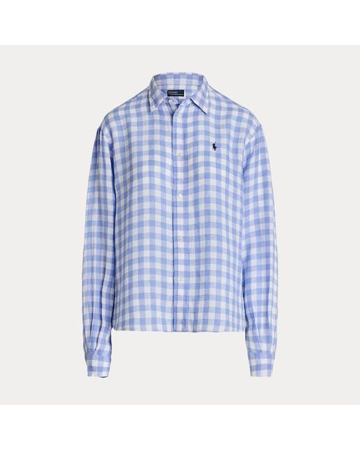 Polo Ralph Lauren Blue Wide Cropped Gingham Linen Shirt