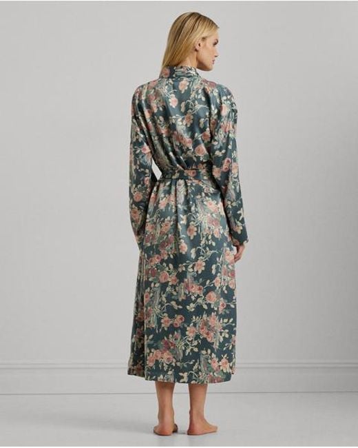 Ralph Lauren Blue Geblümter Satin-Morgenmantel Mit Gürtel