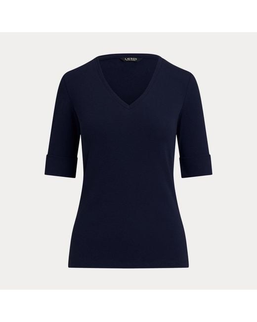Camiseta De Algodón Con Cuello De Pico Ralph Lauren de color Blue