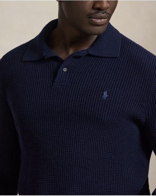 Polo Ralph Lauren Blue Textured Wool-Cotton Polo-Collar Jumper for men