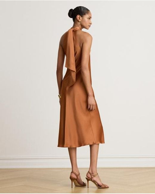 Ralph Lauren Brown Charmeuse Tie-Back Halter Cocktail Dress