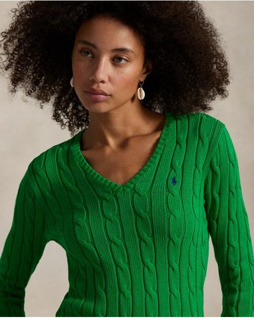 Polo Ralph Lauren Green Cable-knit Cotton V-neck Jumper