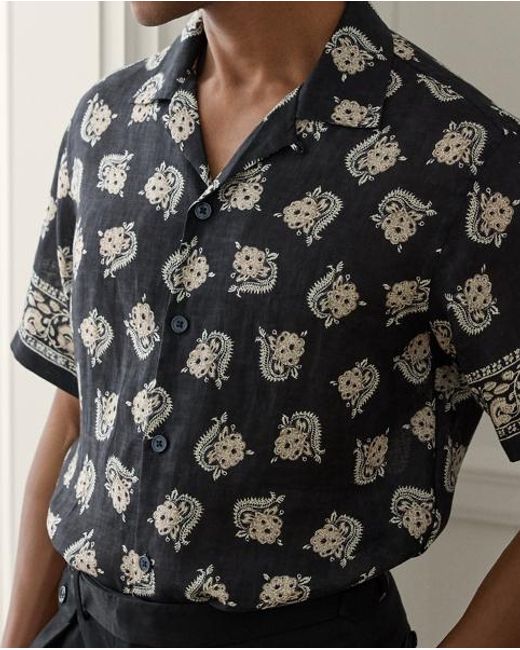 Ralph Lauren Black Printed Linen Camp Shirt for men
