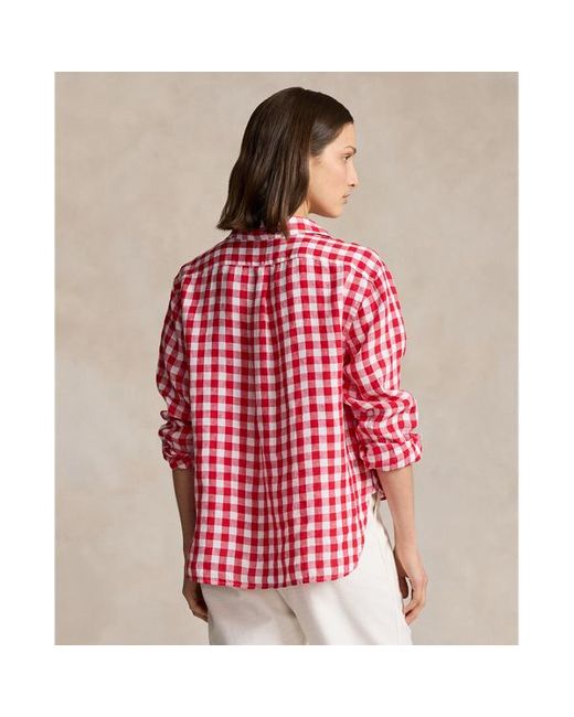 Polo Ralph Lauren Red Wide Cropped Gingham Linen Shirt