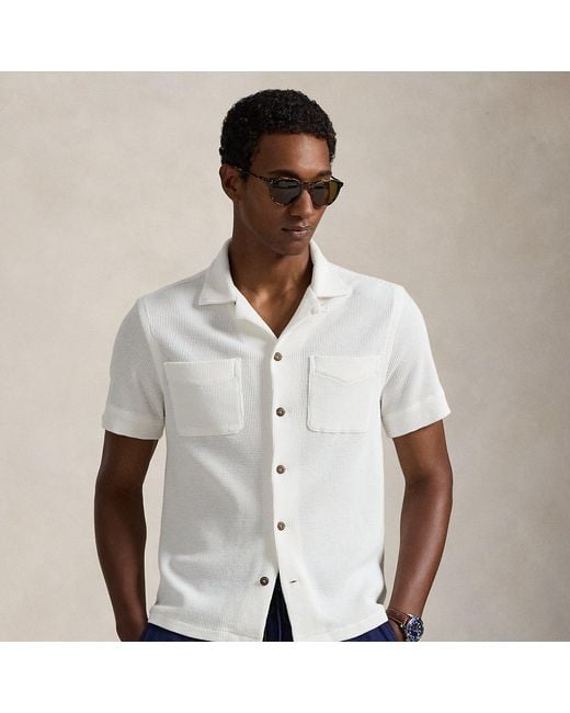 Polo Ralph Lauren White Waffle-Knit Cotton-Linen Camp Shirt for men