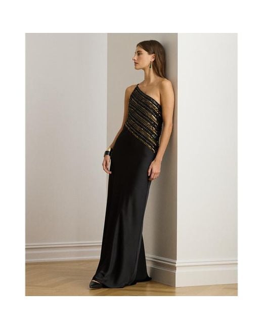 Ralph Lauren Black Beaded Mesh & Satin One-Shoulder Gown