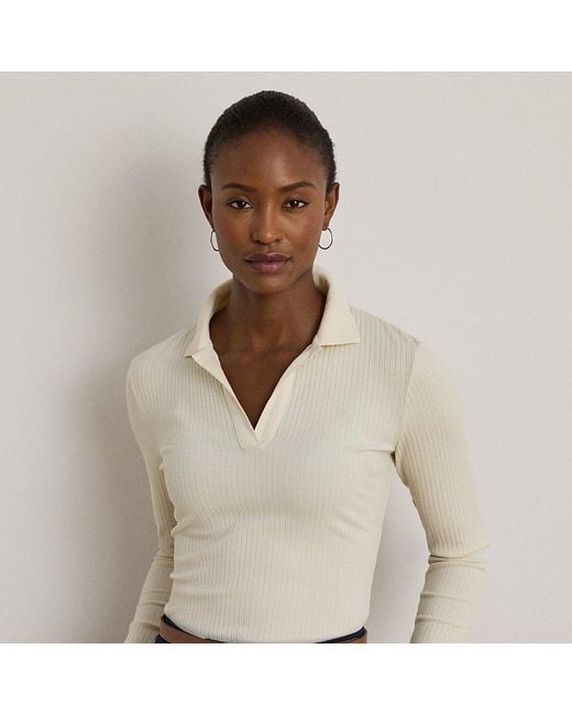 Ralph Lauren Natural Rib-Knit Long-Sleeve Polo Top