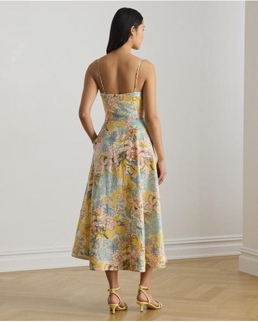 Ralph Lauren Green Floral Linen Sleeveless Midi Dress