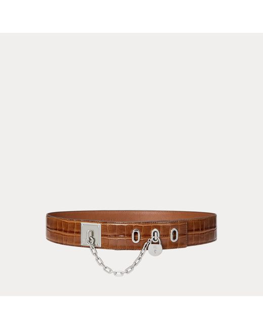 Ralph Lauren Brown Croc-Embossed Chain Padlock Wide Belt