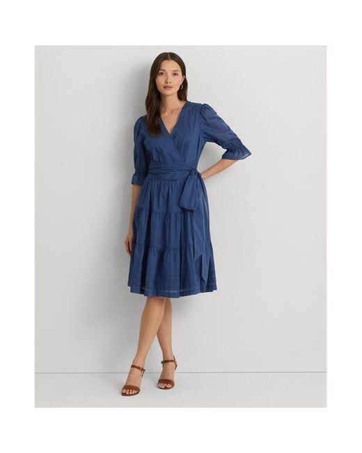 Vestido cruzado de gasa de algodón Lauren by Ralph Lauren de color Blue