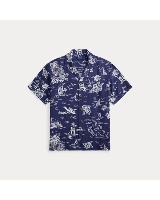 Ralph Lauren Blue Classic Fit Polo Bear Camp Shirt for men