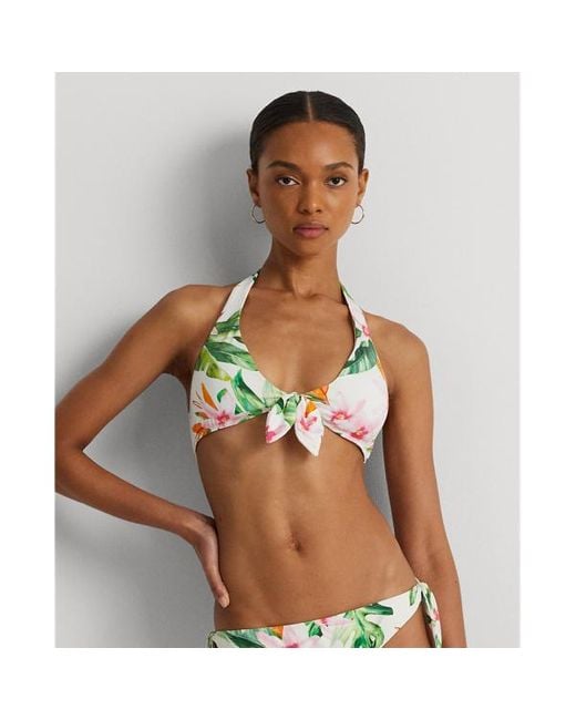 Top halter da bikini a fiori con fiocco di Lauren by Ralph Lauren in Green