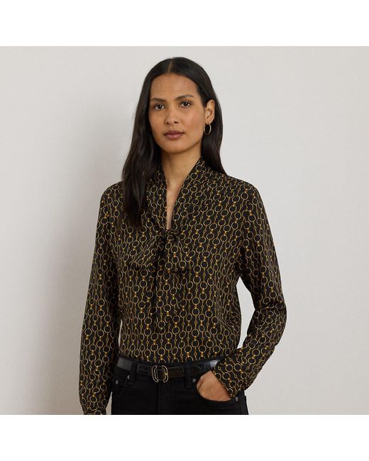 Ralph Lauren Black Chain-Print Crepe Tie-Neck Blouse