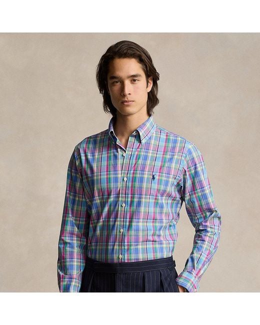 Polo Ralph Lauren Blue Custom Fit Plaid Stretch Poplin Shirt for men