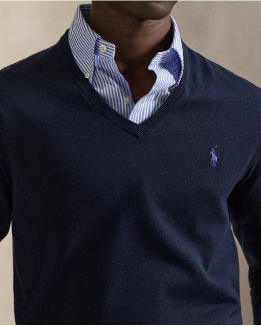 Polo Ralph Lauren Blue Slim Fit Cotton V-neck Sweater for men