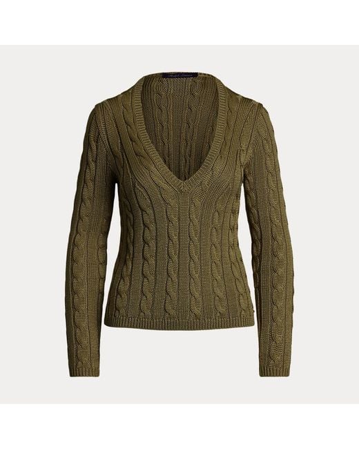 Ralph Lauren Green Cable-knit Silk V-neck Jumper