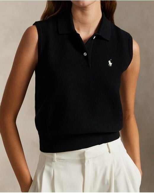 Polo Ralph Lauren Black Cotton Cropped Sleeveless Polo Jumper