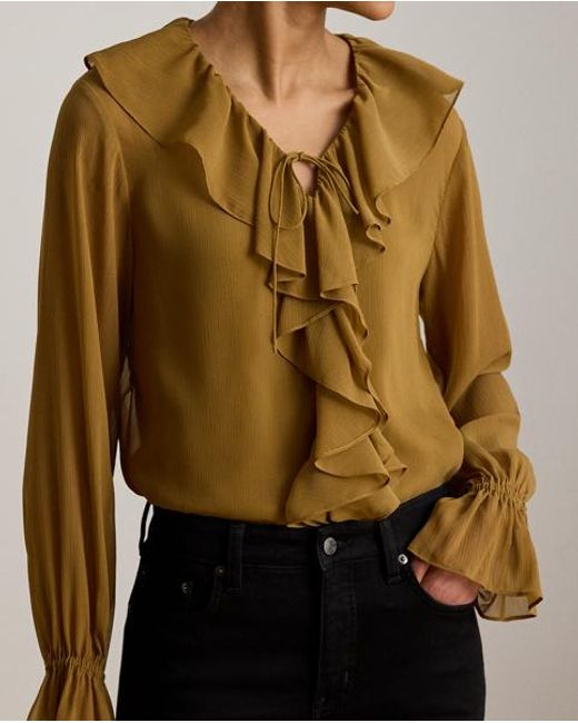 Ralph Lauren Brown Ruffle-Trim Crinkle Georgette Blouse