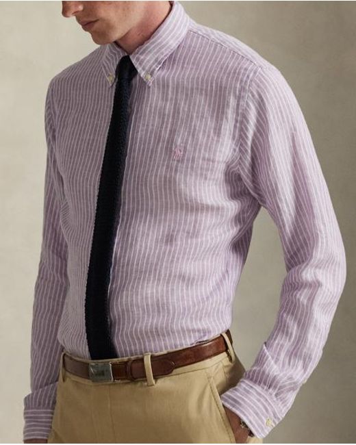 Polo Ralph Lauren Purple Custom Fit Striped Linen Shirt for men