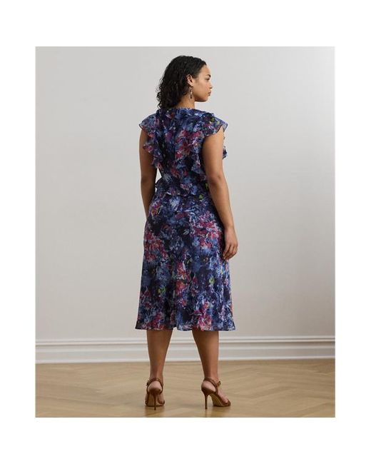 Taglie Plus - Abito medio in georgette con volant di Ralph Lauren in Blue