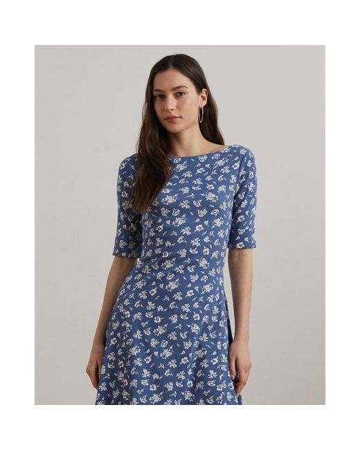 Ralph Lauren Blue Floral Stretch Cotton Midi Dress