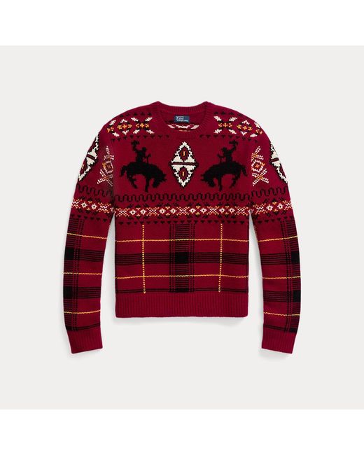 Polo Ralph Lauren Red Plaid Western-motif Crewneck Sweater