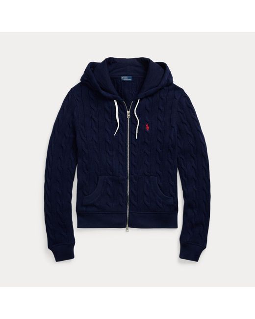 Polo Ralph Lauren Blue Textured Cable Knit Cotton Sweatshirt With Zip Fastening