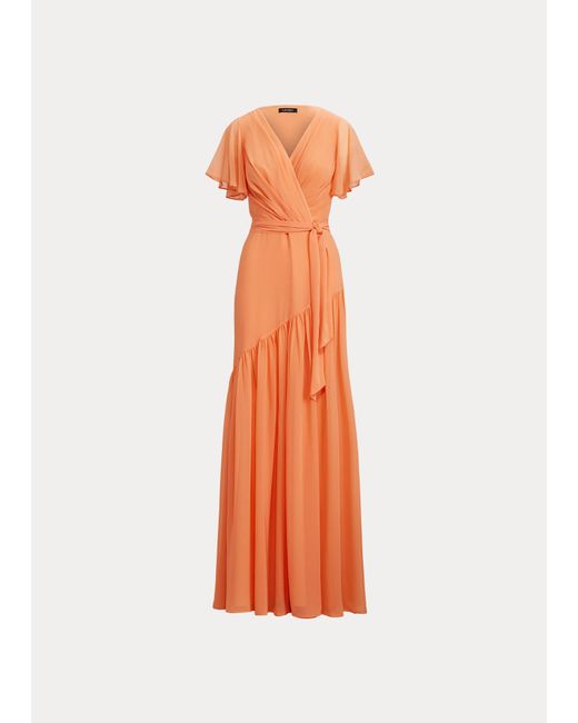 Ralph Lauren Orange Crinkled Georgette Gown