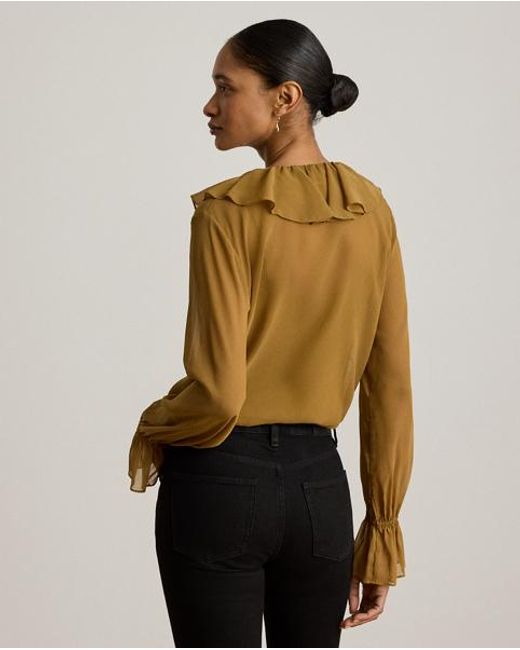 Ralph Lauren Brown Ruffle-Trim Crinkle Georgette Blouse