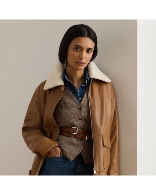 Ralph Lauren Brown Faux-Shearling-Trim Leather Jacket