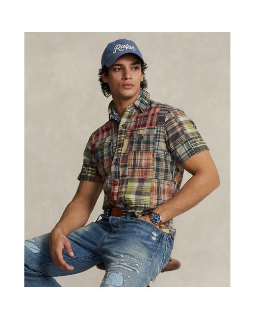 Camicia patchwork in madras Classic-Fit di Polo Ralph Lauren in Brown da Uomo