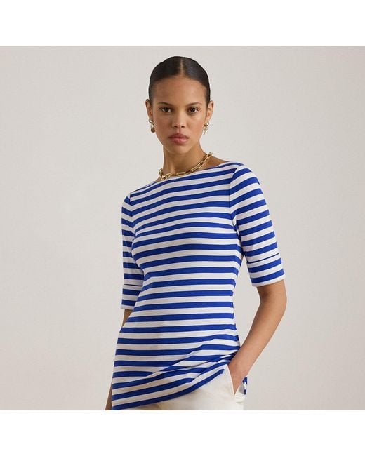Ralph Lauren Blue Striped Stretch Cotton Boatneck T-Shirt
