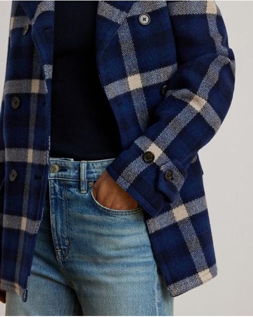 Ralph Lauren Blue Double-Breasted Plaid Tweed Coat