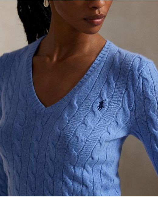 Polo Ralph Lauren Wollen-Kasjmier Kabeltrui Met V-Hals in het Blue