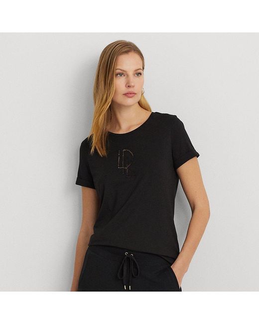 Lauren by Ralph Lauren Black Jersey-T-Shirt mit Perlenlogo