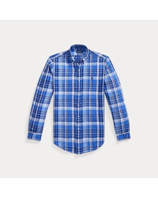 Polo Ralph Lauren Blue Custom Fit Plaid Linen Shirt for men