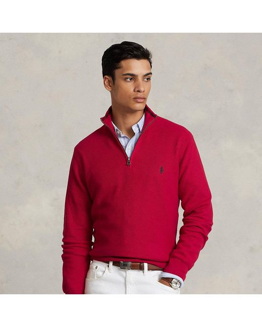 Ralph Lauren Mesh-knit Cotton Quarter-zip Sweater in Red for Men | Lyst