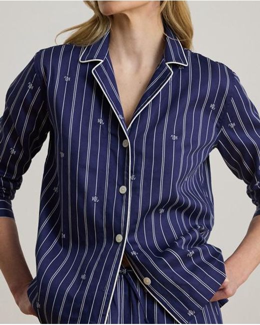 Ralph Lauren Blue Logo Striped Sateen Sleep Set