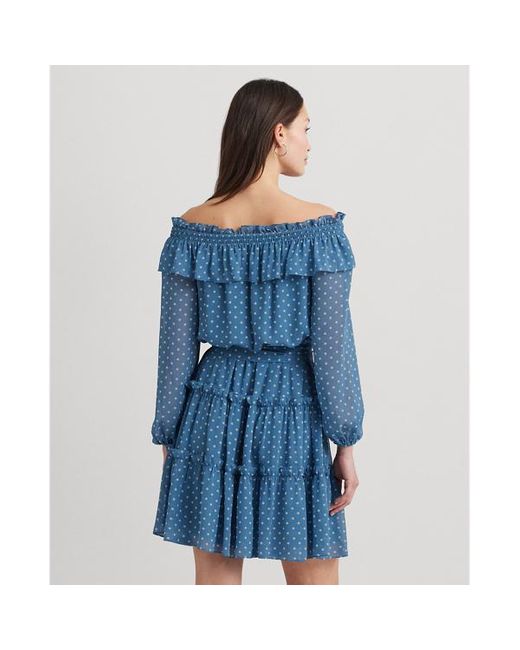 Lauren by Ralph Lauren Blue Print Georgette Off-the-shoulder Dress